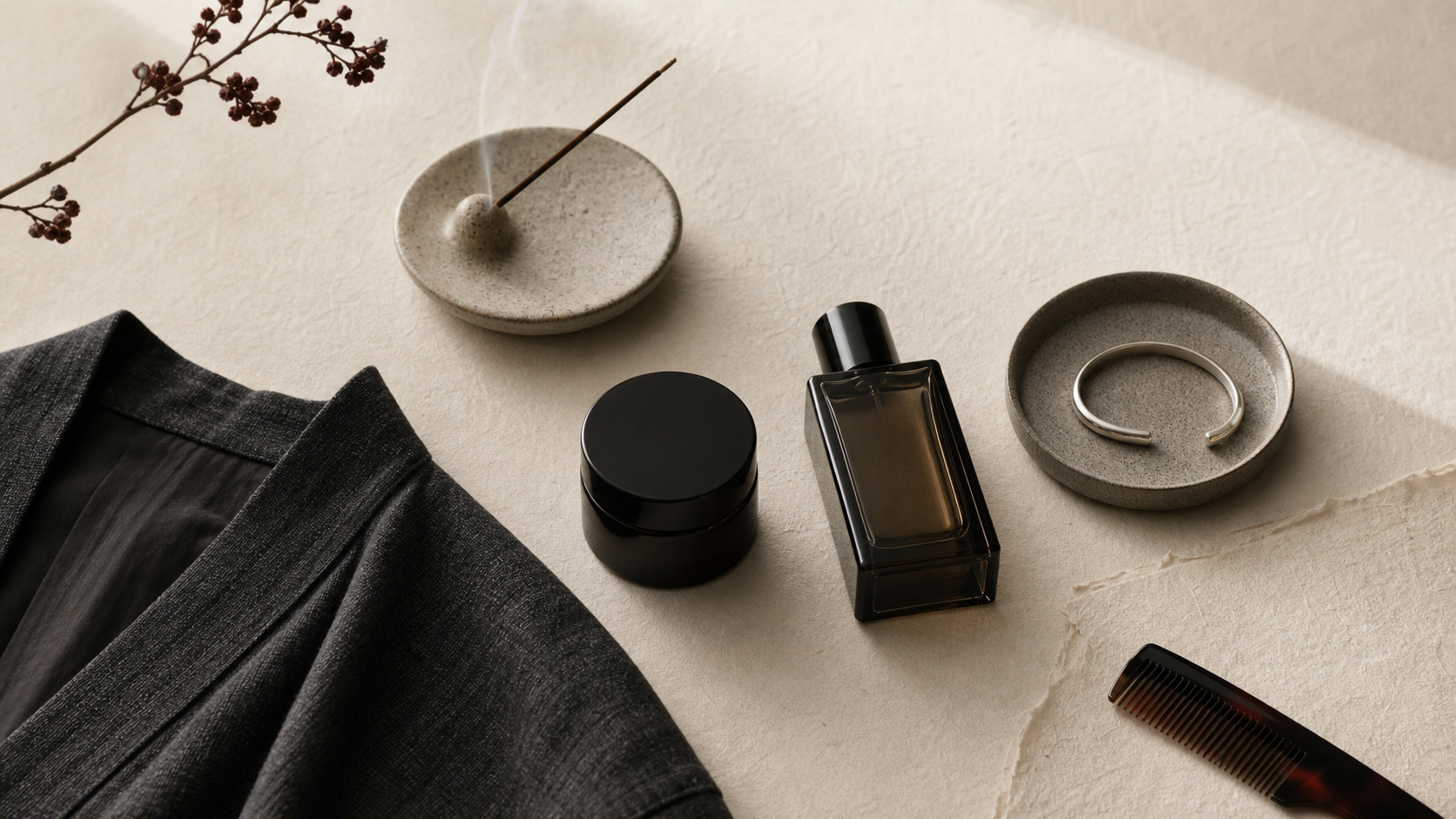MIDA lifestyle product flatlay with incense, scent, fabric, grooming, and jewelry